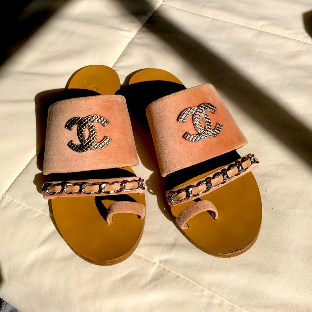 Chanel velvet chain mules